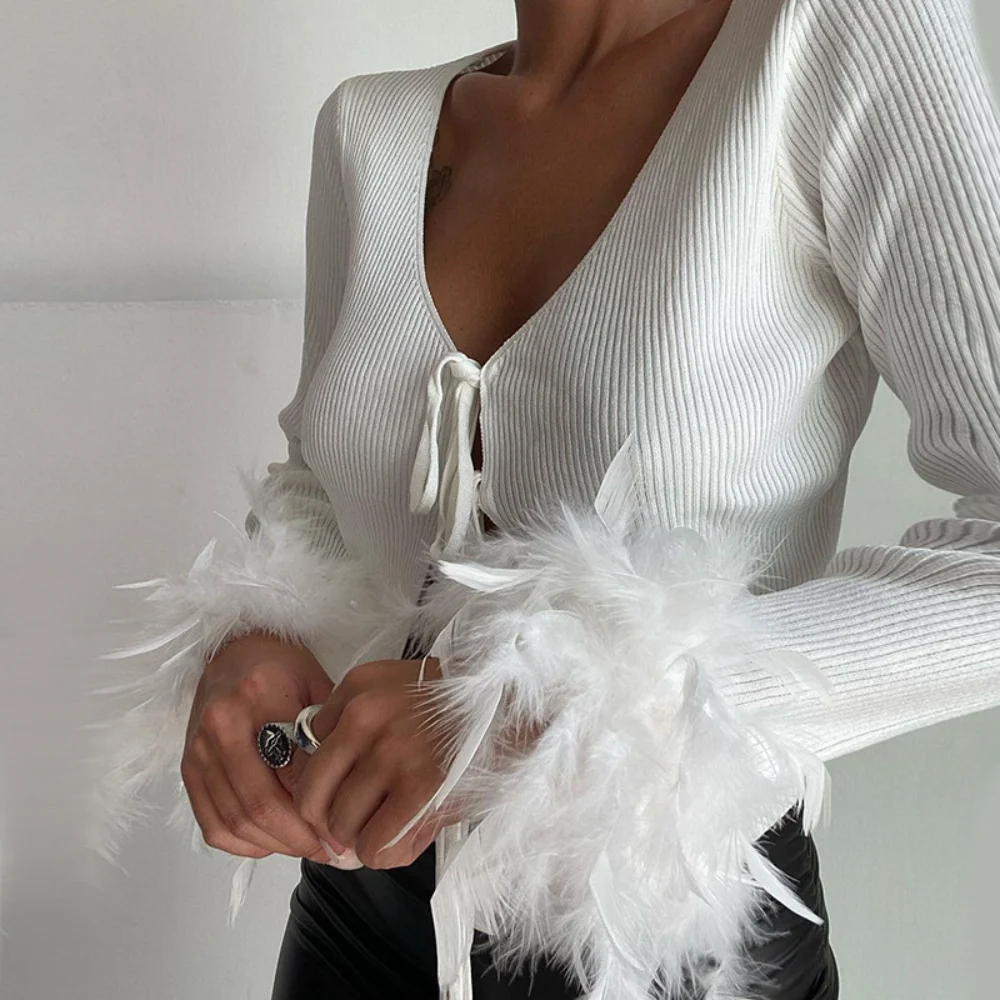 

Meqeiss New Feathers Long Sleeve Sexy Tie Front Tops for Women Elegant Wrap Cropped Top Slim Fit Knit Shirts Cardigans Clothes