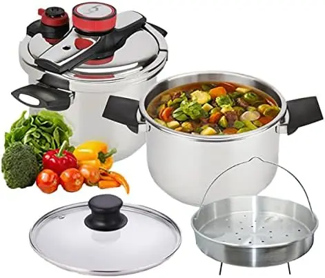 

cooker made of stainless steel, It has a 6.3qt. capacity and 5 safety systems, Easy to use Olla express a presión Cookware High