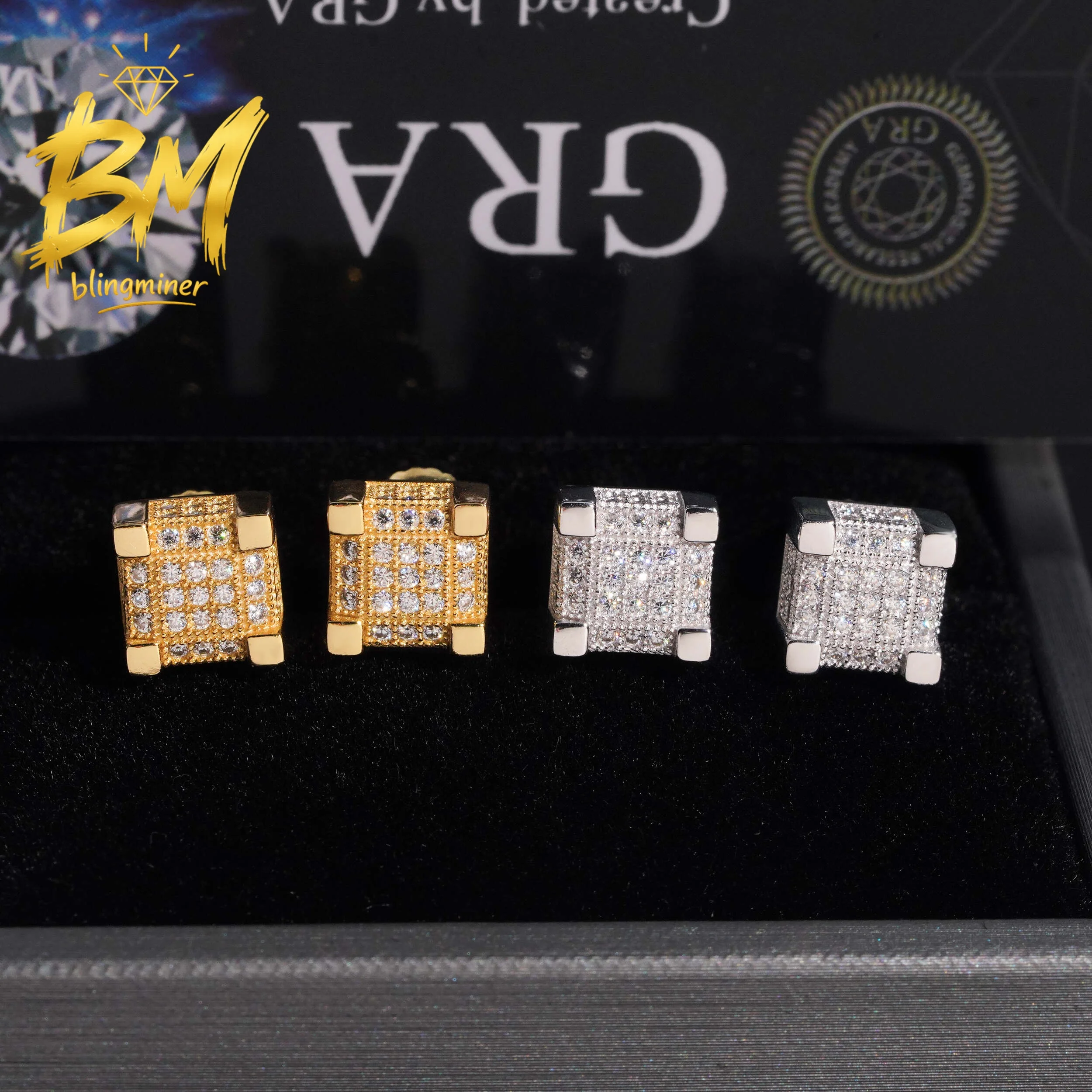 Фото Серьги-гвоздики Blingminer Iced Out Square 8MM из серебра S925 с муассанитом VVS для мужчин и женщин, ювелирные изделия, проходят проверку на подлинность бриллиантов, сертификат GRA. №3