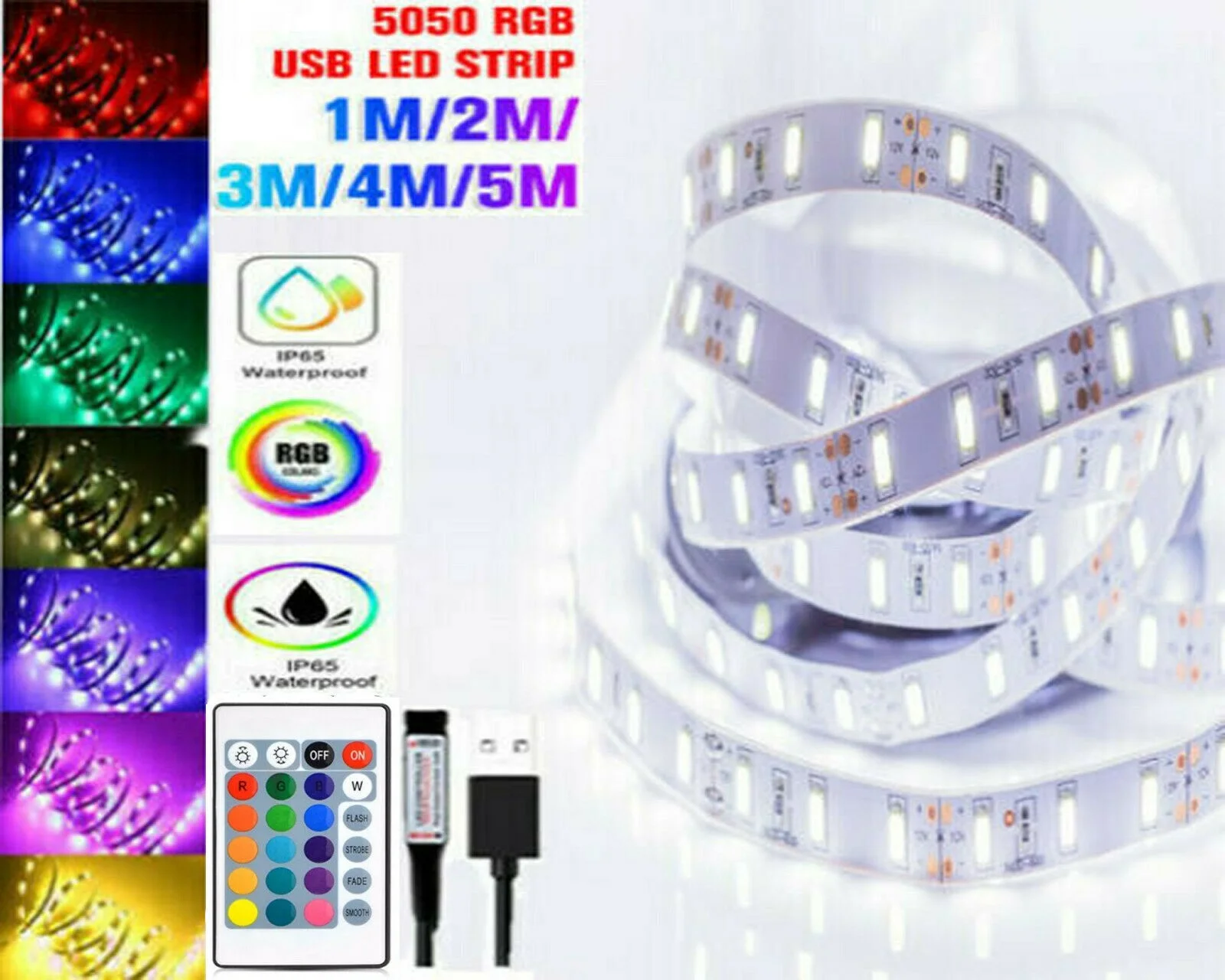 

LED Strip Lights 1-5M 5050 RGB Light Colour Changing Tape Cabinet TV