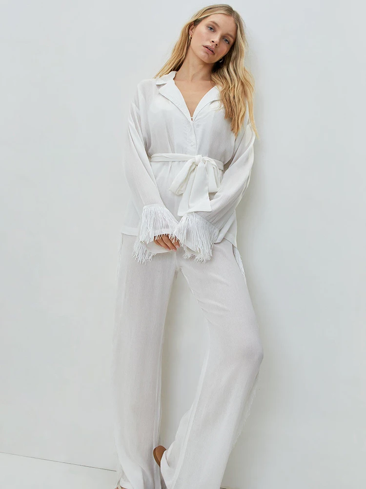 

Linad пижамы с бахромой для женщин, комплект из 2 предметов, белая пижама с длинным рукавом, женские свободные брючные костюмы, Весенняя повседневная одежда для сна