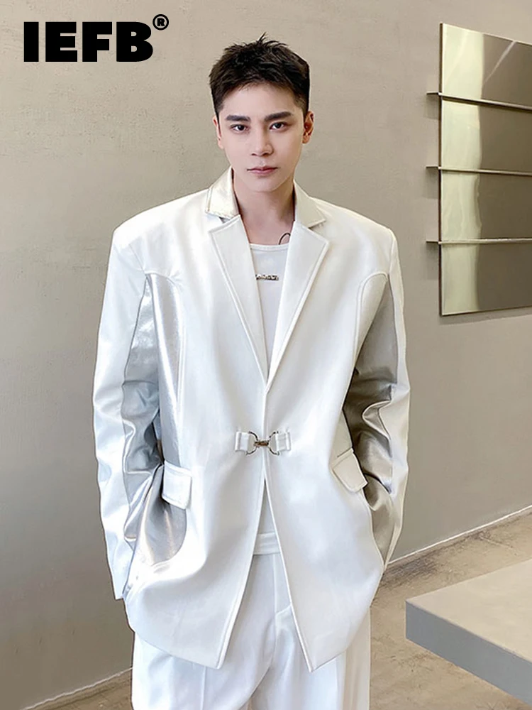 

IEFB fashion Design Silver PU Stitching Men's Trend Color Suit 2022 New Personality Metal Spring Texture Suit 9A1293