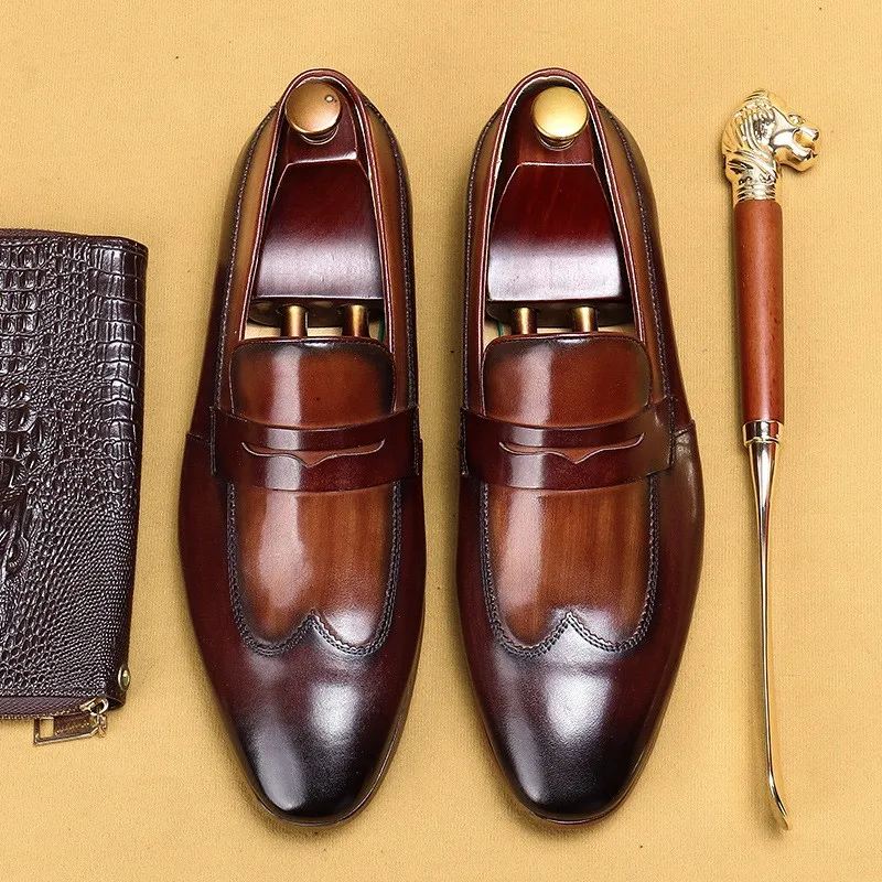 

Autumn Fashion Men Office Formal Loafers Shoes Breathable Oxford Shoes Black Brown Genuine Real Leather Slip On Men Dress Shoes