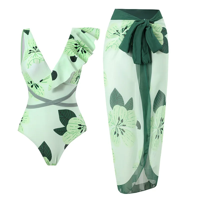 

New Summer Beachwear Parting-Line Flash Green Swimsuit S-XL Women's Swimwear One Piece Retro Bathing Suit Chiffon Skirt