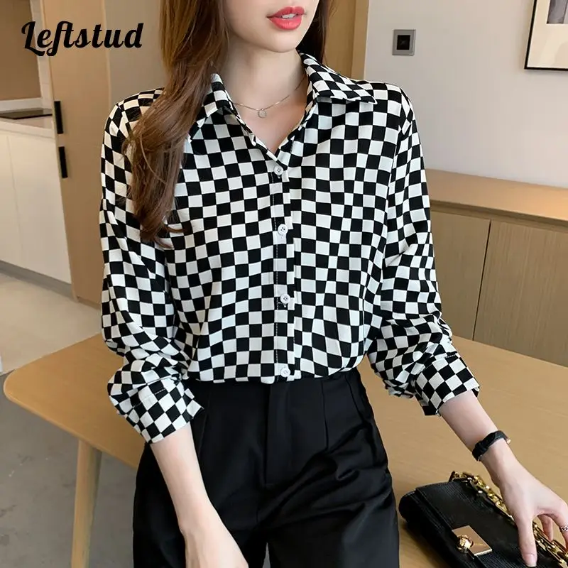 

Black White Checkerboard Plaid Vintage Chiffon Women's Blouse Shirt 2022 Autumn Long Sleeve Korean Fashion Loose Blouses Top