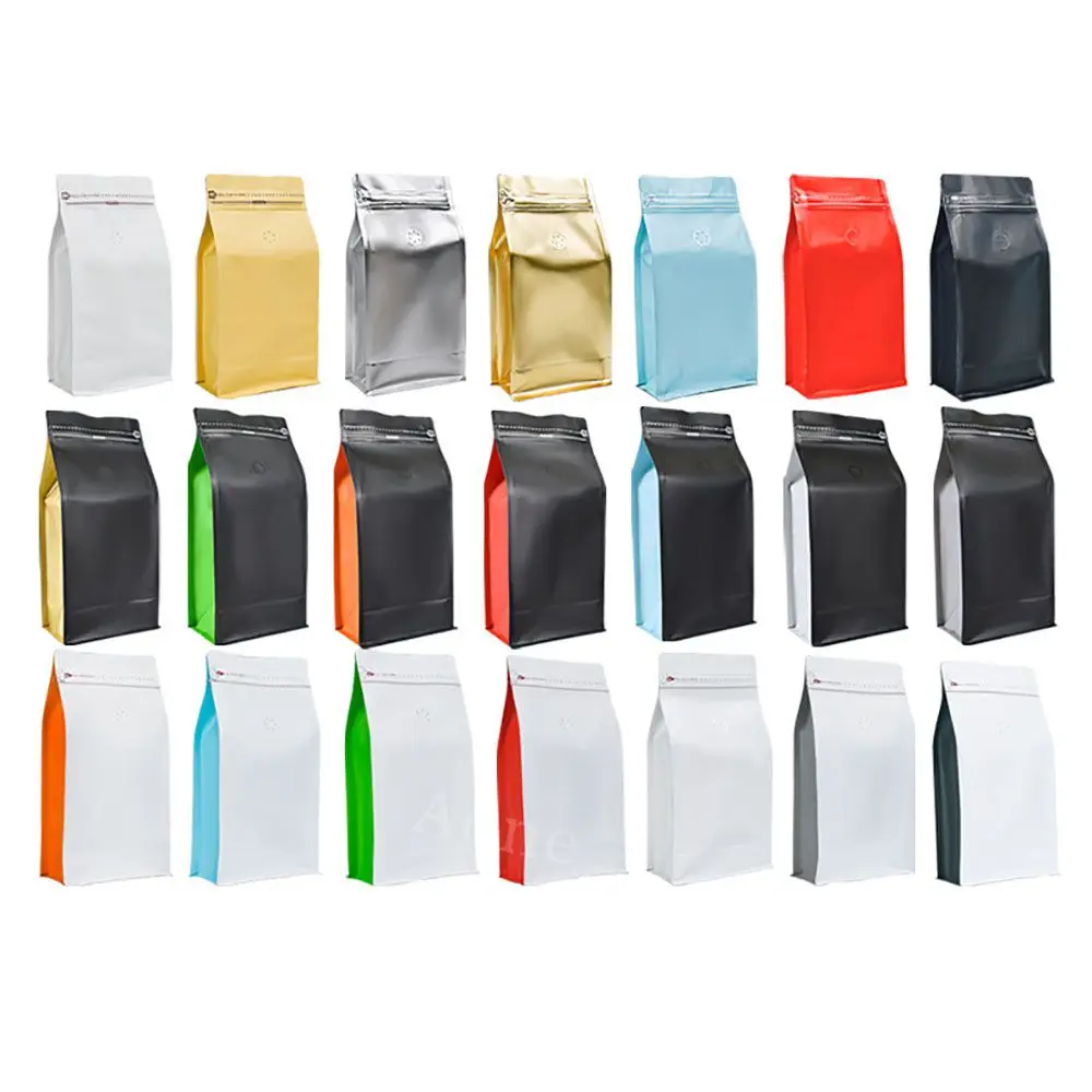 50шт Оптовая боковая подушка стоит вертикальный пакет с молнией с клапаном 125г 250г 500г 1кг Плоское дно Кофейные сумки.