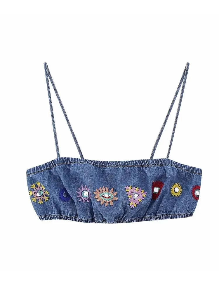 

Embroidery Crop Top Fashion Denim Corset Top Female Summer Beach Backless Tops for 2023 Sexy Bustier Tops