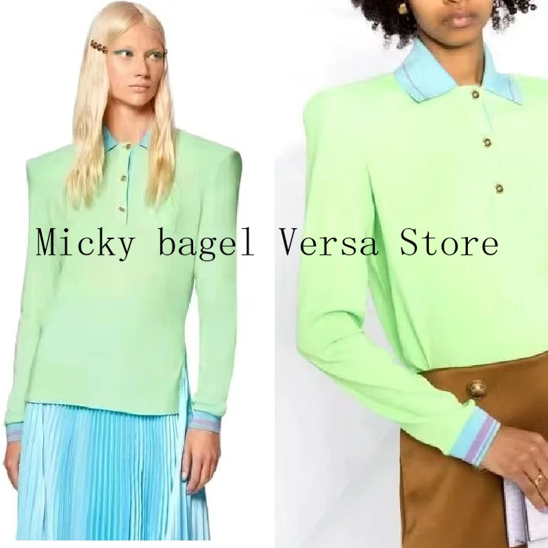 2022 luxury quality spring and autumn new metal button long sleeve polo shirt fashion women's Lapel shirt with shoulder pad