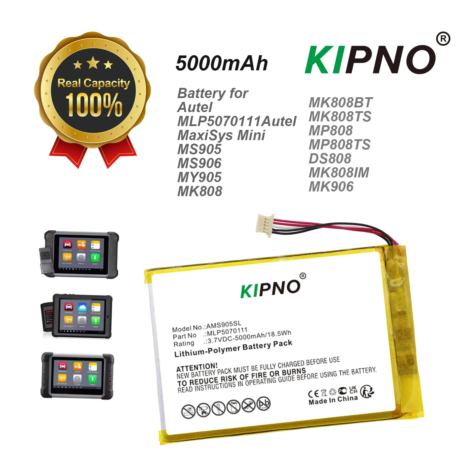 Фото Аккумулятор KIPNO 5000 мАч для Autel MaxiSys Mini, MS905, MS906, MY905, MK808, MK808BT, MK808TS, MP808, MP808TS, DS808, MK808IM, MK906, MS906CV №1