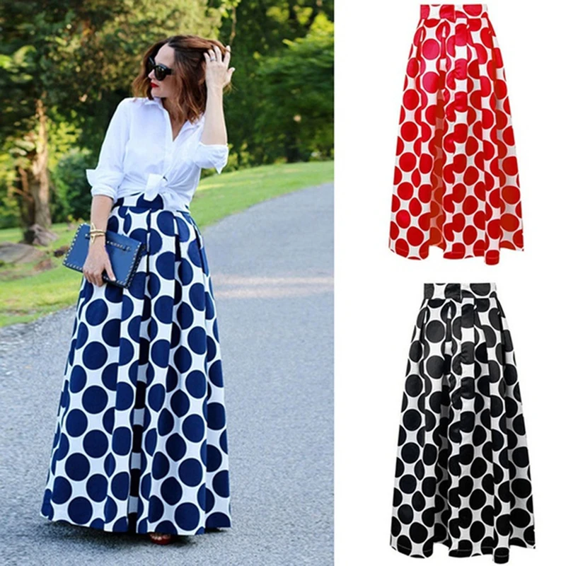 

2022 Summer Women Maxi Skirts Bohemian Polka Dot Long Skirt High Waist Pockets Casual Party Office Bottoms Oversized Robe