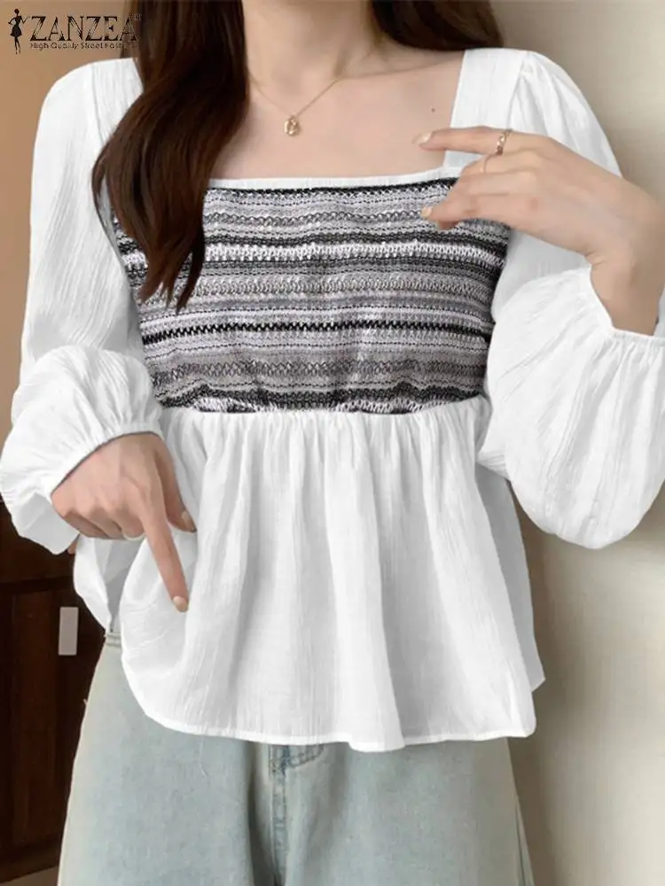 

Повседневные свободные блузки ZANZEA с квадратным вырезом, модные туники в Корейском стиле с длинными рукавами-фонариками, женские вязаные сетчатые Топы в стиле пэчворк с баской