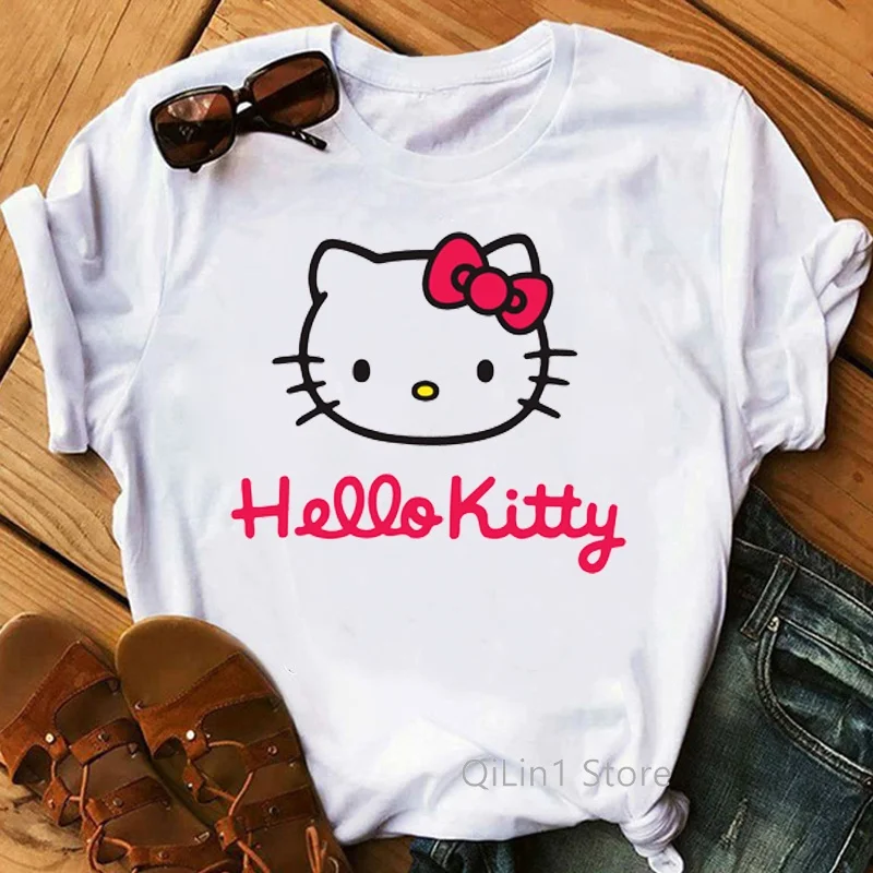 

Hello Kitty Women's T-Shirt White Short Sleeve Top Women's Sanrio Print Cute Cartoon T-Shirt Women's Summer Pattern T-Shirt