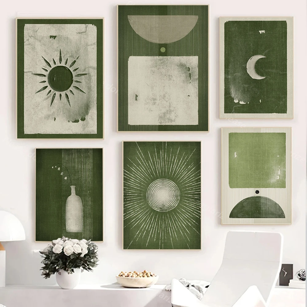 

Moon Sun Green Modern Abstract Landscape Poster Simplicity Print Contemporary Art Canvas PaintingWall Picture Living Room Decor