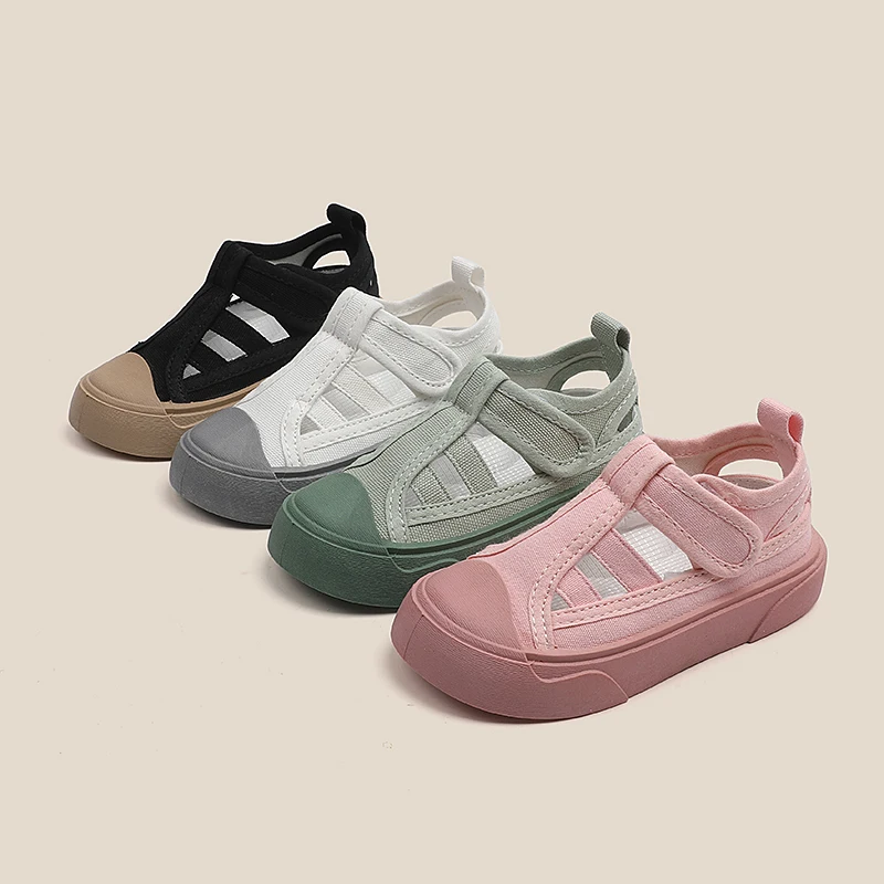 

Children Hollow Canvas Shoes for Girls Round Toe Solid All-match 2022 Summer New Boys Hook & Loop Cute Kids Fashion Casual Shoes