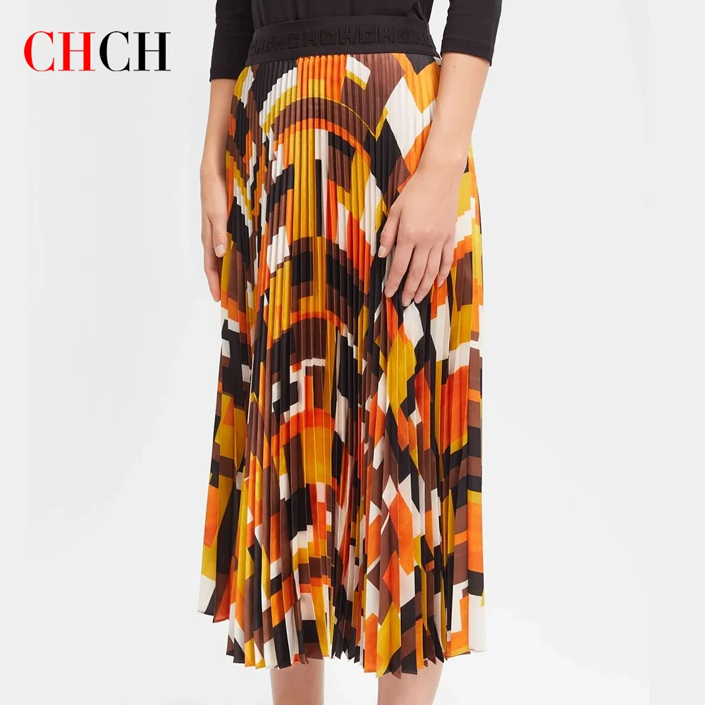 

CHCH Women's Elegant Chiffon Sector Pleated Twill Skirt With Chiffon Liner Female High Waist Midi Long Skirts 2023 Spring Summer