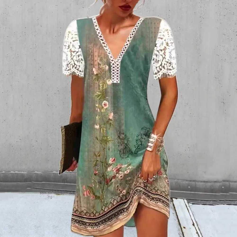 

Beach Dress Ethnic Style V-Neck Lace Stitching Short Sleeve Exquisite Pattern Dress-up Polyester Floral Print Summer Beach Dress