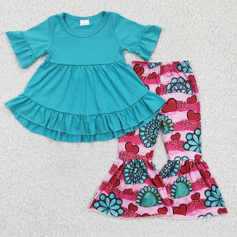 

Valentine's Day children's clothing blue ruffles tunic shirt with love print bell bottom pants two piece outfits for girl