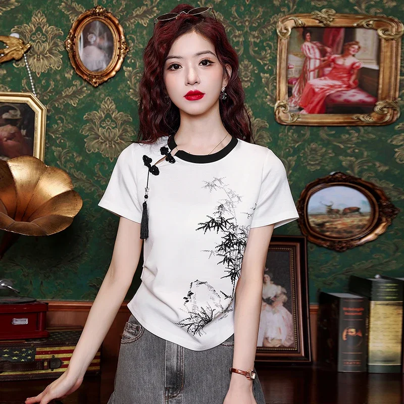 Женская блузка с коротким рукавом и круглым вырезом в китайском стиле