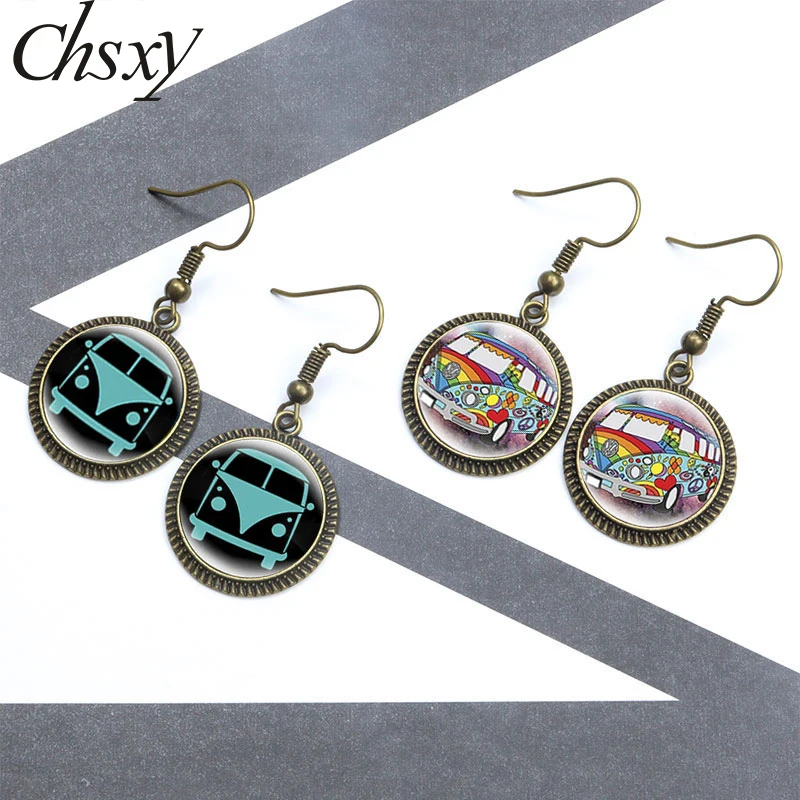 

Vintage Hippie Peace Sign Van Bus Handmade Earring For Women Glass Dome Drop Dangle Earring Trendy Punk Jewelry Gifts 2022 New