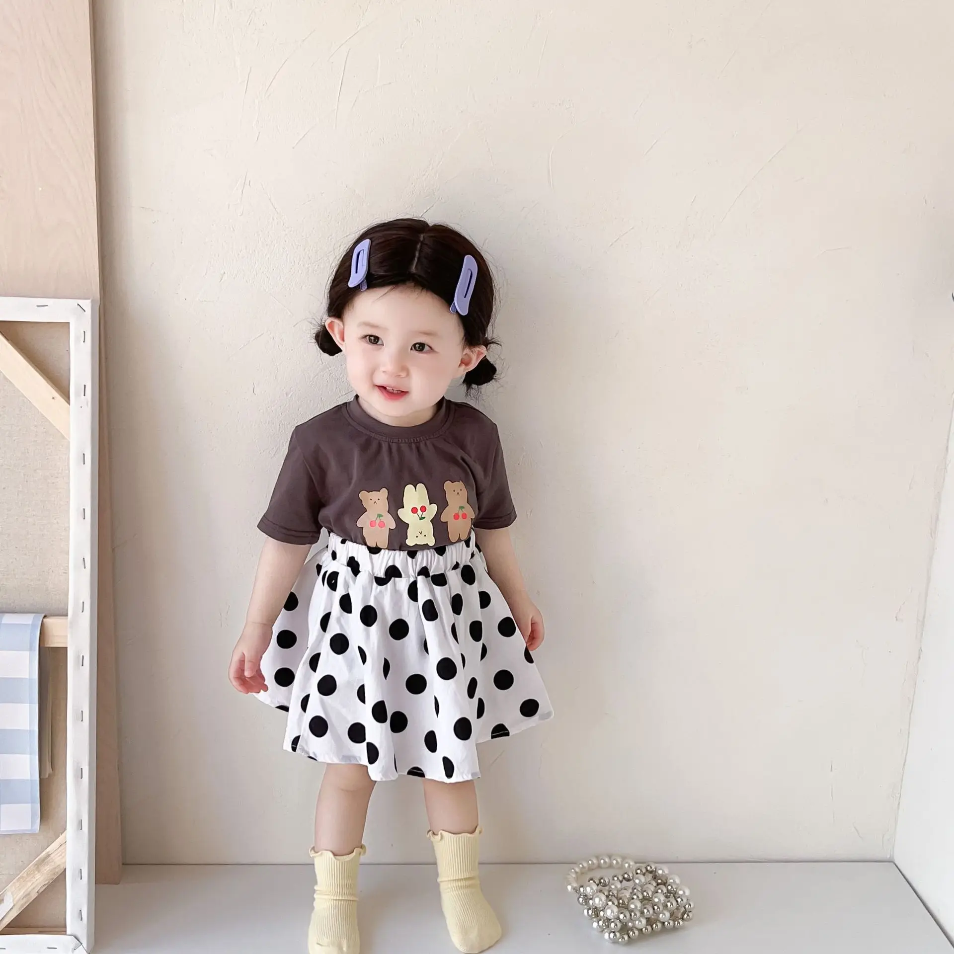 

2023 New Baby Short Sleeve Clothes Set Infant Summer Bear Print T Shirts + Dot Skirt Girls 2pcs Suit Fashion Children Outfits