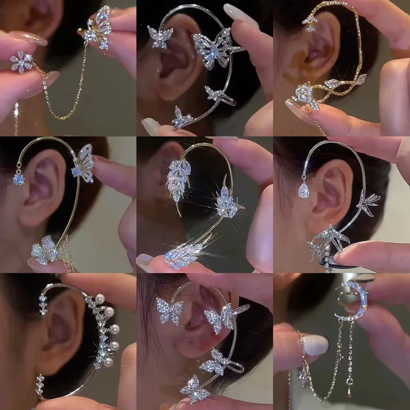 

The new tide full drill butterfly ear hanging ear bone clip ear clip without piercing ear stud earrings female