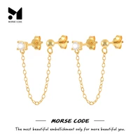 mc s925 silver tassel chain gold bead double piercing ear studs earrings for woman girls piercing dangle brinco jewelry gift cz