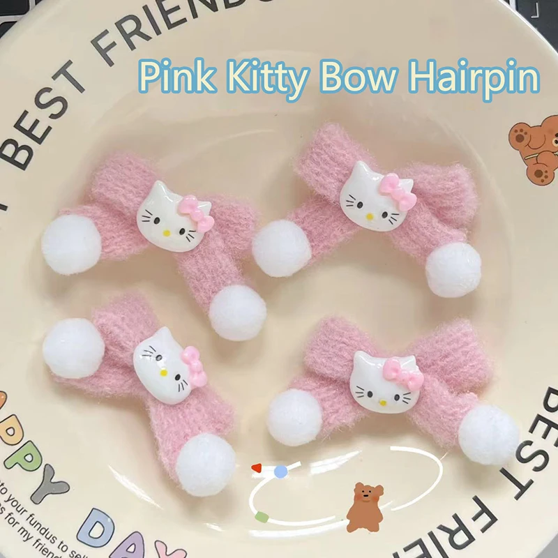 Sanrio Hello Kitty плюшевая заколка для волос с бантиком милый пушистый шарик розовая BB