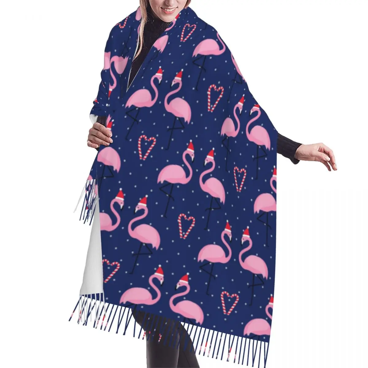 

Flamingo In Xmas Hat With Candy Cane Heart On Blue Polka Dots Winter Scarf Shawls Wrap Women Men Warm Bufanda Tassel Scarves