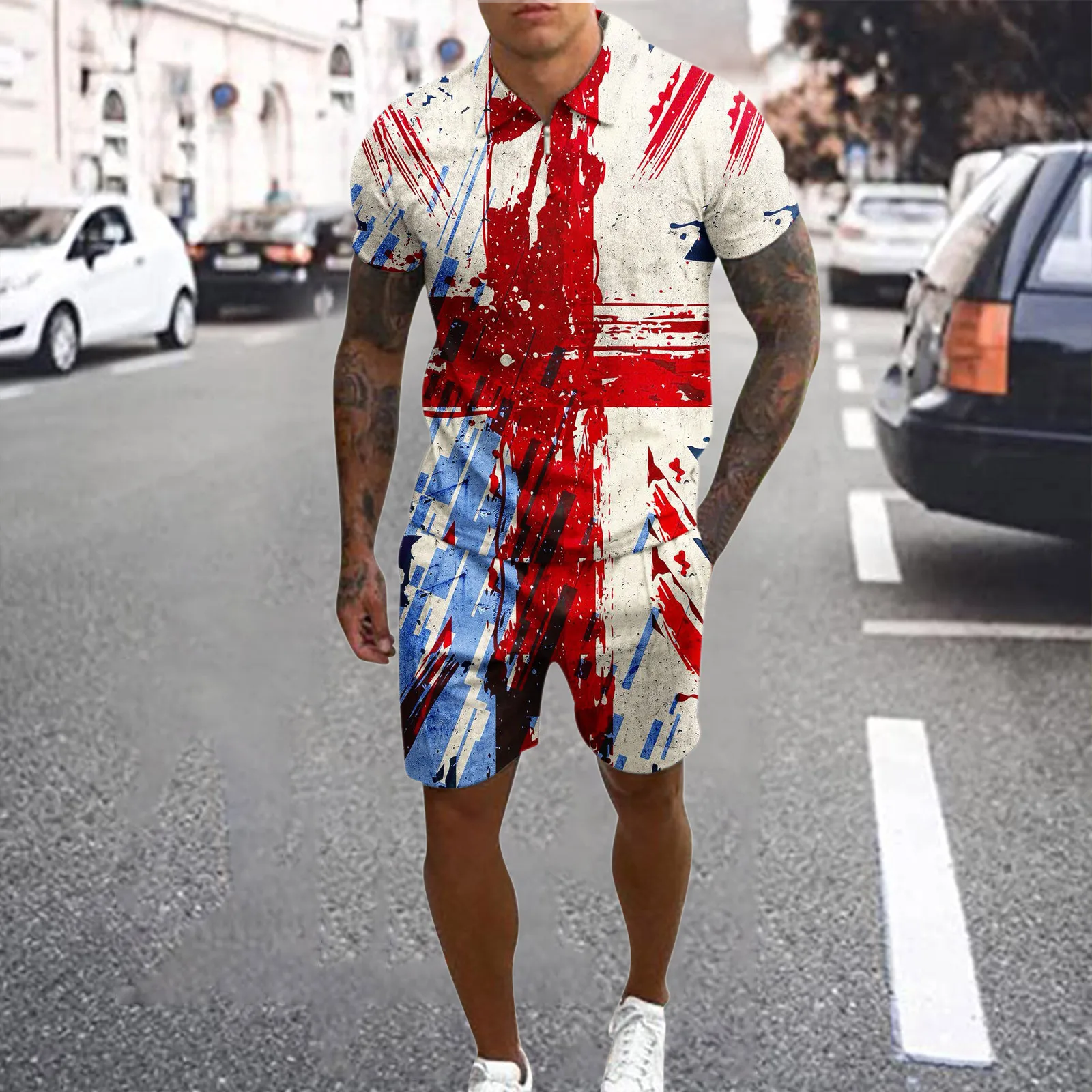 Stripe Print 2 Piece Suit Independence Day Tracksuit Lapel Collar Breathable Male Set Short Sleeve Conjuntos Cortos 4th Of July