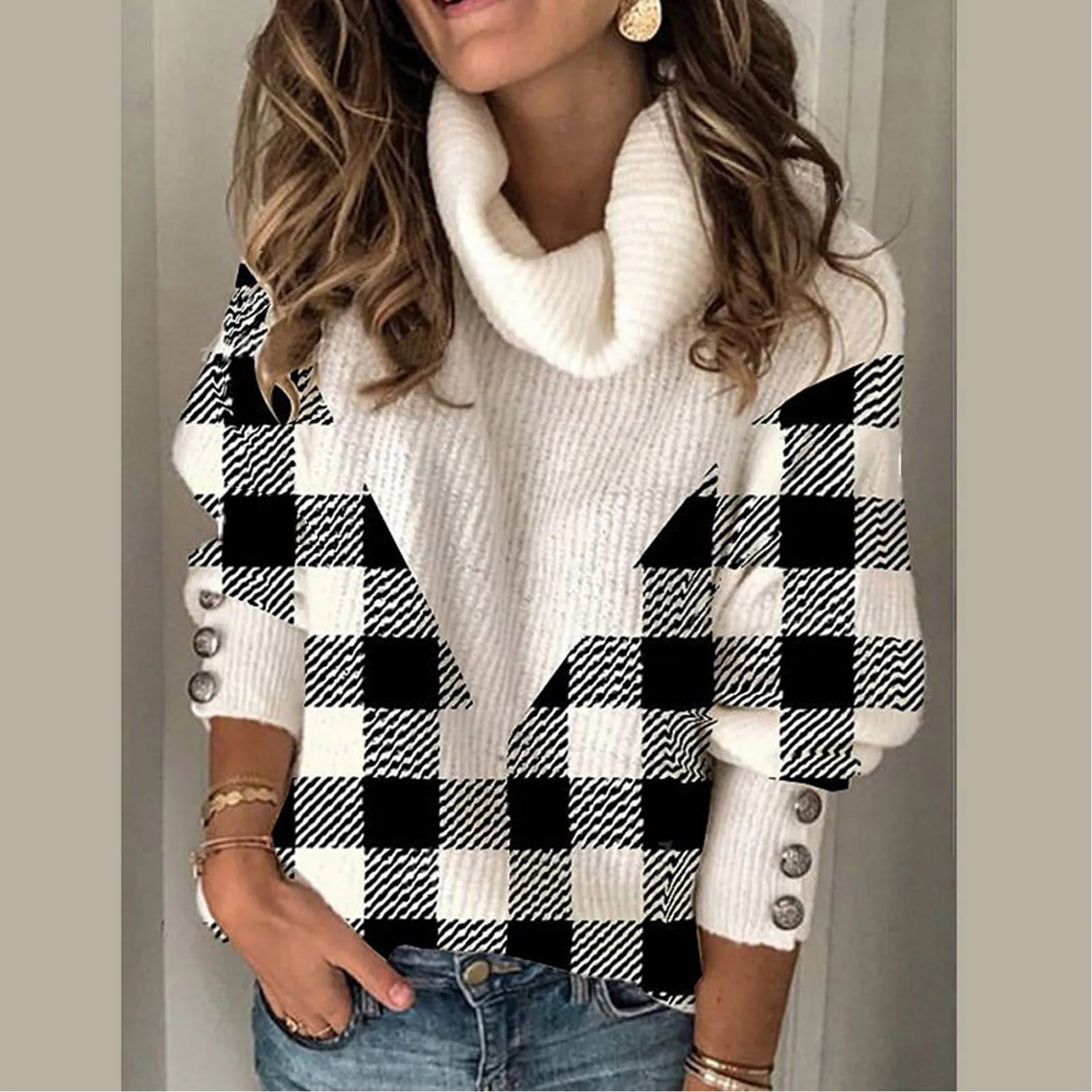 

Plaid Print Turtleneck Sweaters Jumper Sweater Fashion Pullover Young Lady Sweaters For Women Streetwear Winter Sueter Femme