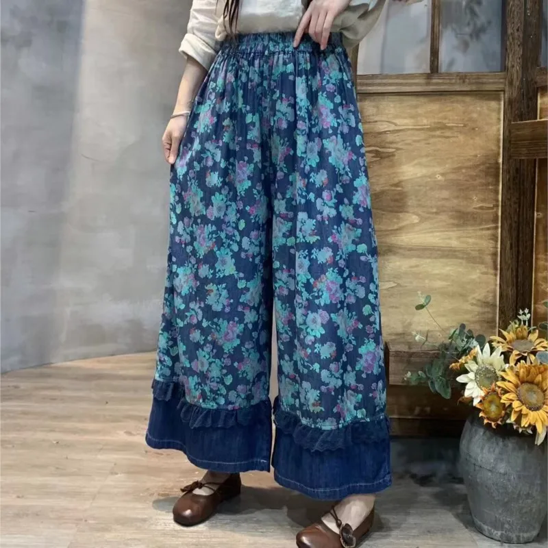 

Женские джинсы в стиле пэчворк Johnature, повседневные укороченные брюки с принтом, широкими штанинами и эластичным поясом, для лета, 2023