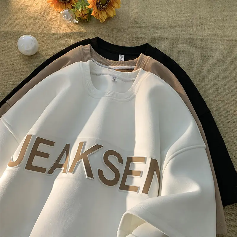 

Advanced concave convex letter suede T-shirt men short sleeved summer heavy American retro loose tide brand couple half sleeved