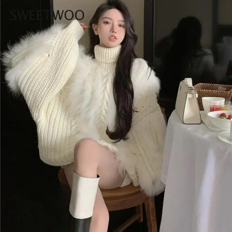 Women's Faux Fur Knitted Sweater Vest 2022 Famous Female Fur Pullover Warm Fall Winter High Neck Fur Sweaters Fashion Tide Slim