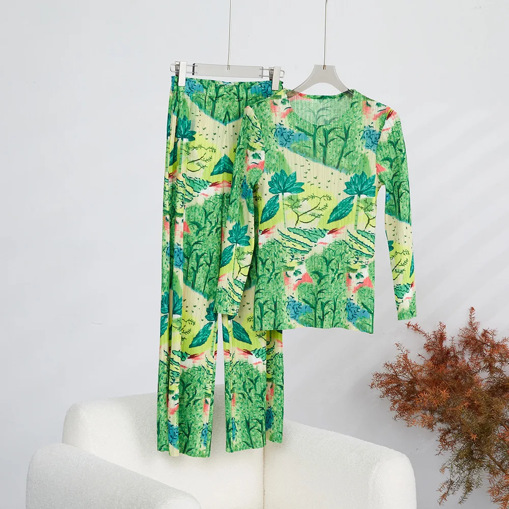 

Женский костюм с плиссированной классической юбкой миаке, весенний Модный повседневный костюм Y2K, элегантный топ с длинным рукавом и высоким воротником