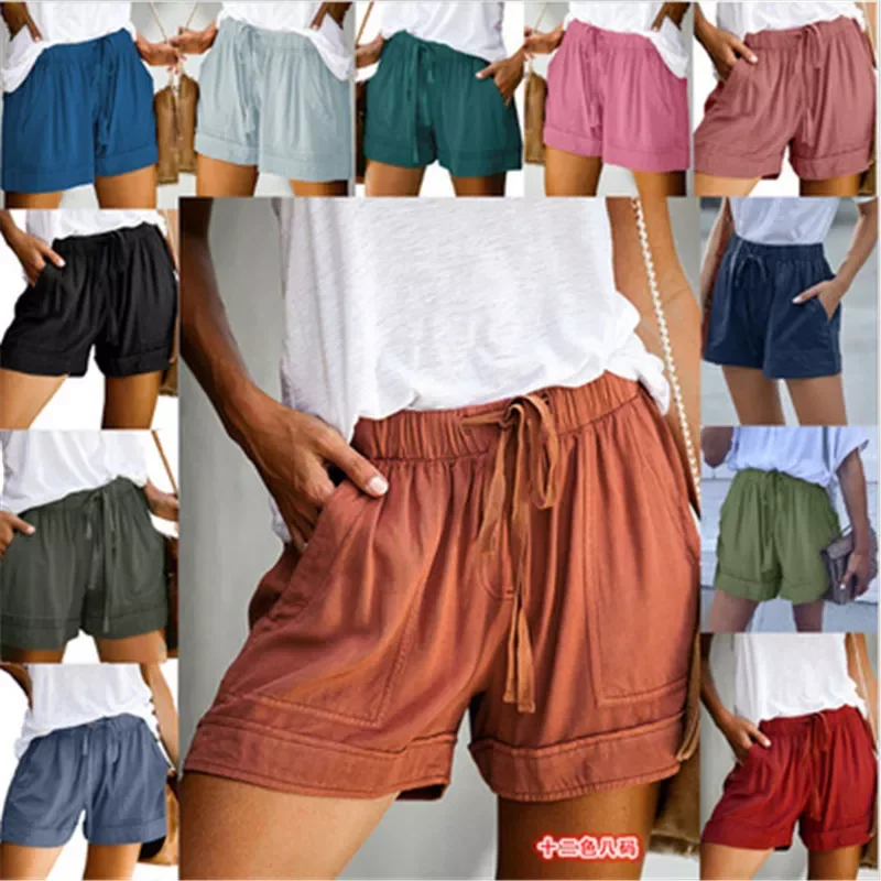 

2022New Colors Casual Women Cotton Short Pants Simple Drawstring Pockets Summer Elastic Waist Loose Home Streetwear Ladies Pant