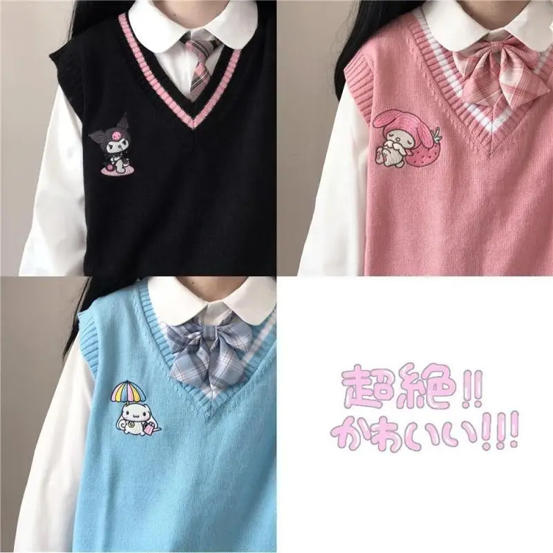 

Kawaii Sanrio Kuromi Cinnamoroll Mymelody Sweater Embroidery V-Neck Knitted Vest Cartoon Cartoon Cute Girl Spring and Autumn