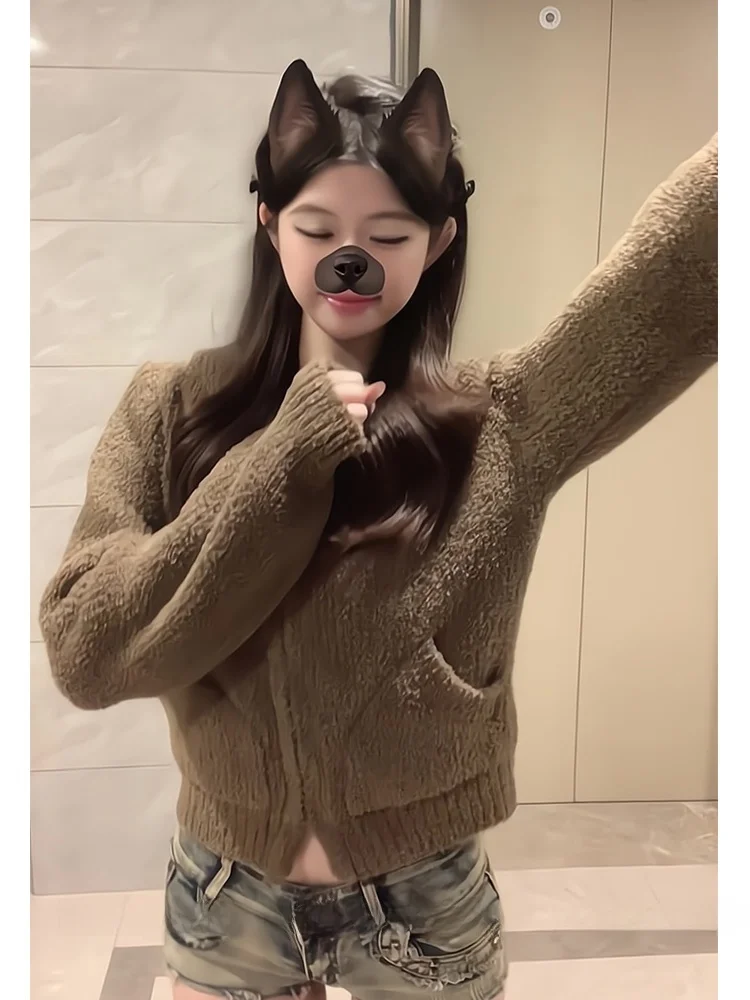 Кофейный цвет свитер на молнии с капюшоном кардиган женский осенне-зимний