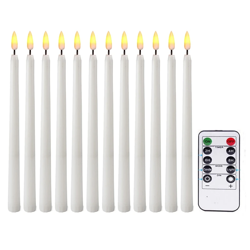 

Pack Of 12 Remote Flameless LED Taper Candles With Yellow Flickering Light,Battery Operated For Halloween Christmas