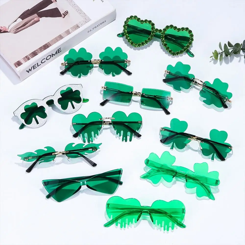 

1Pc St. Patrick's Day Irish Shamrock Sunglasses Green Four Leaf Clover Leprechaun Costume Glasses Fashion Rimless Sun Glasses