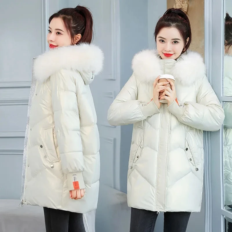 Fur Collar Hooded Quilted Jacket Women Windproof Mid Length Parkas Fashion Glossy Black Padded Coat Snow Wear Winter Outwear