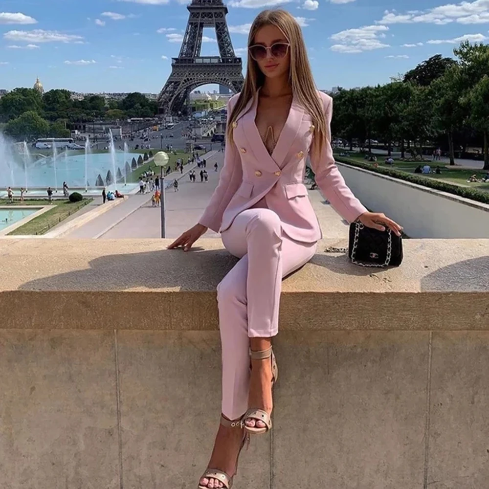 

Office Ladies Pink Pantsuit Suits Women Formal Business Double Breasted Blazer Plus Size Mother Of Bride Dress Party Gowns 2022