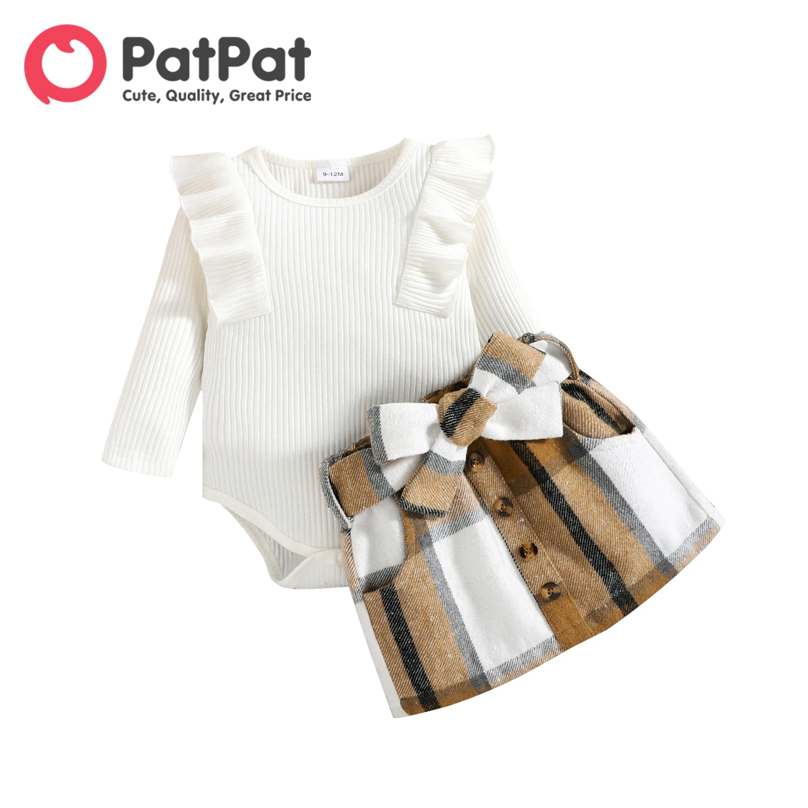 

PatPat 2pcs Baby Girl Solid Rib Knit Ruffle Trim Long-sleeve Romper and Button Front Plaid Belted Skirt Set