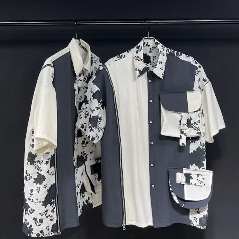 

2023 Summer New Fashion Contrast Color Patchwork Print Shirts For Men Turn-down Collar Short Sleeve Men's Blouse 21F3510