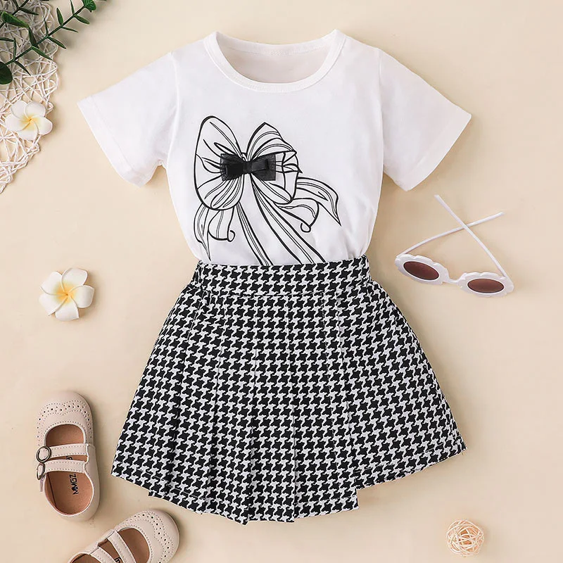

Summer 2022 New Arrivals Girls Short Sleeve Print Houndstooth White Dress Infantil Menina Cute Party Dress Custume 12M-6T