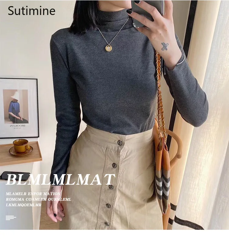 

Women Turtleneck Sweater Knitted Velvet Based Sweater Solid Tops Long Sleeve Autumn Winter Fitness Slimming Vintage Bottom Top