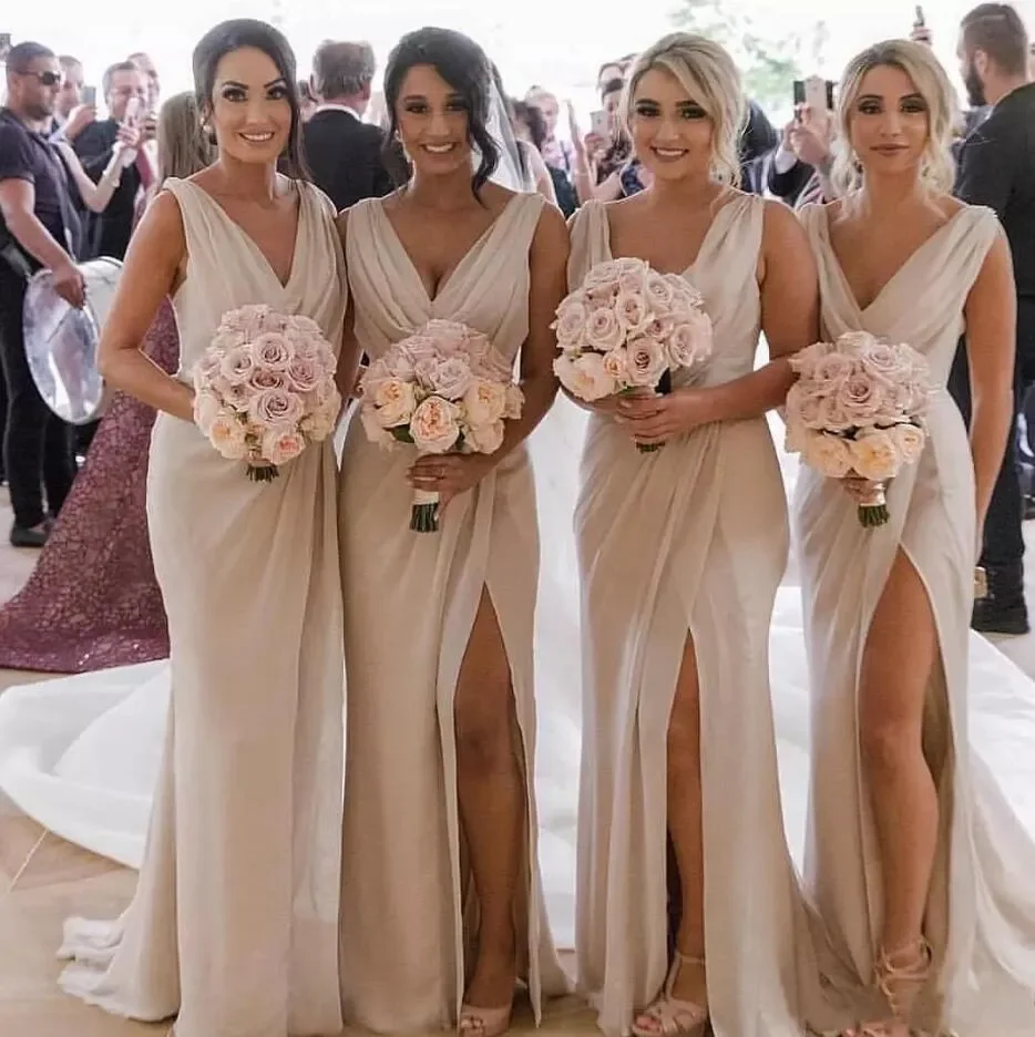 

Sexy Deep V-Neck Bridesmaid Dresses A Line Floor-Length Chiffon Thigh-High Slits Wedding Party Events