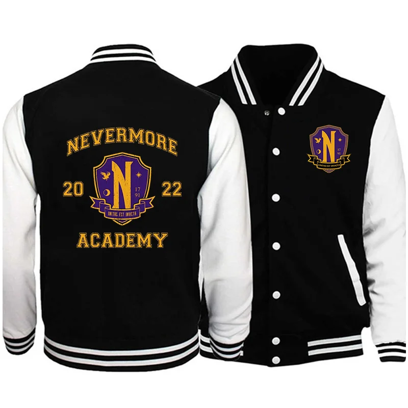 

2022 New Wednesday Nevermore Academy Baseball Men Women Couple Jacket ip-op Coat Streetwear Autumn Winter Clotes Lon Sleeve