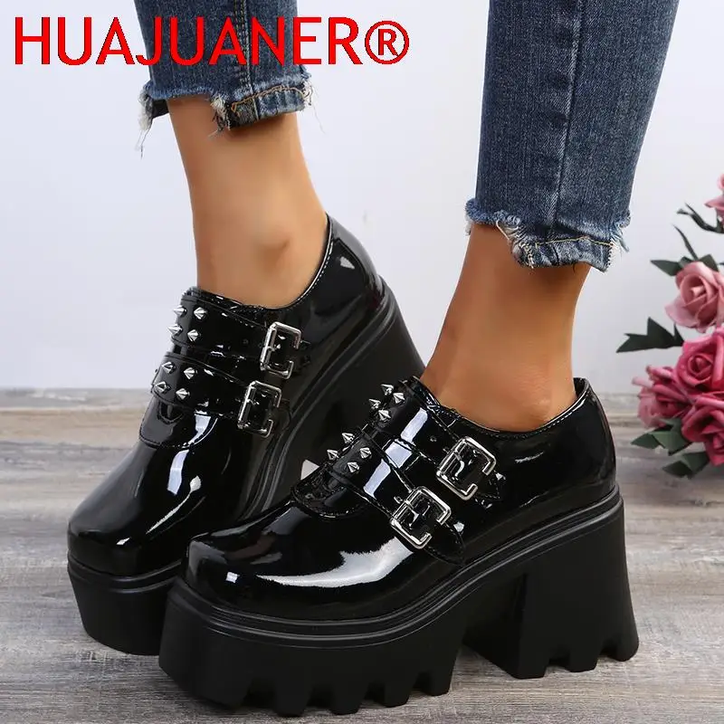 

2022 Winter Designer Brand Luxury Women Shoes Black finish Gothic Shoes Size 43 Womens Shoes Thick Base Heightening Buckle Rivet