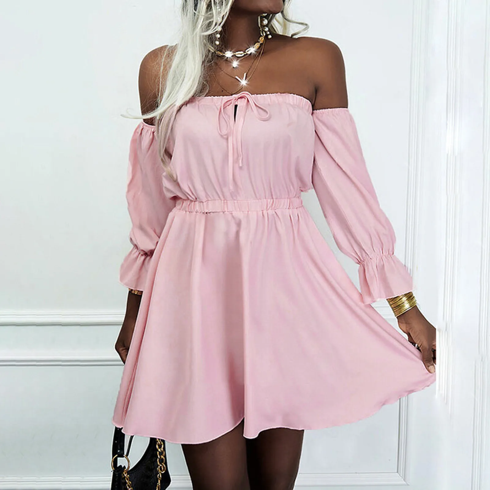 

Women Sexy Off Shoulder Long Puff Sleeve Dress Elegant Drawstring Elastic High Waist Strapless Mini Dress Lolita Cosplay Vestido