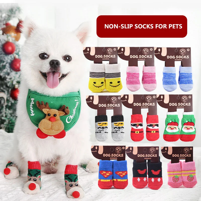 

4Pcs Pet Clothing Accessories Cute Puppy Cat Indoor Wear Boot Dog Socks Protector Pet Dog Socks Anti-Slip Knitted